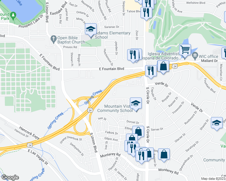 map of restaurants, bars, coffee shops, grocery stores, and more near 2445 Verde Drive in Colorado Springs