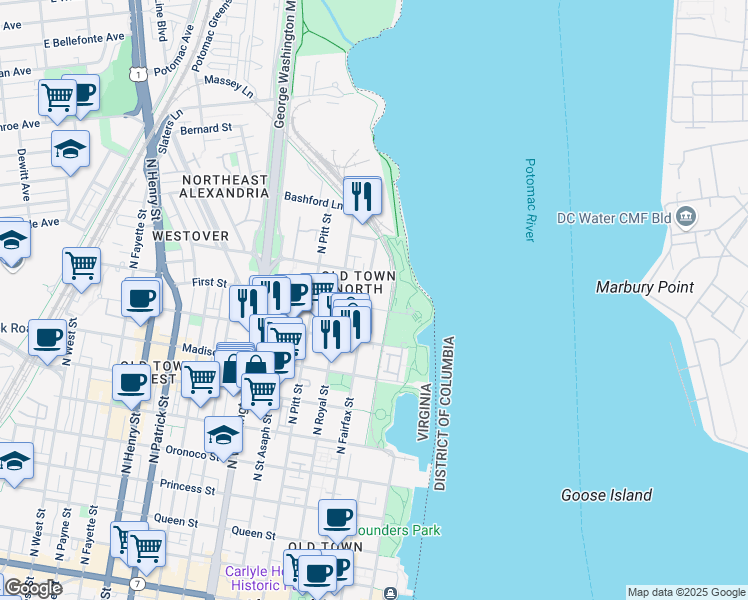 map of restaurants, bars, coffee shops, grocery stores, and more near 1001 North Fairfax Street in Alexandria