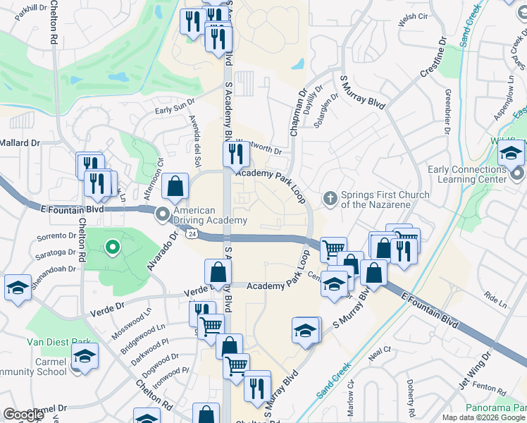 map of restaurants, bars, coffee shops, grocery stores, and more near 1334-1398 Inverness Rd in Colorado Springs