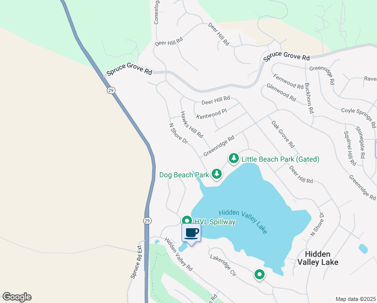 map of restaurants, bars, coffee shops, grocery stores, and more near 18267 North Shore Drive in Hidden Valley Lake