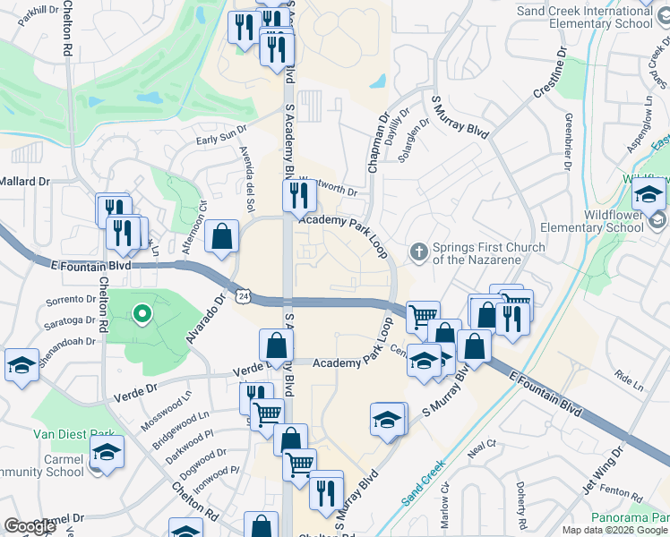map of restaurants, bars, coffee shops, grocery stores, and more near 1334-1398 Inverness Rd in Colorado Springs