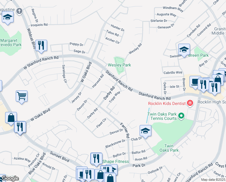 map of restaurants, bars, coffee shops, grocery stores, and more near 2302 Heron Court in Rocklin