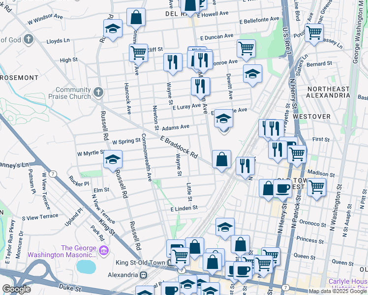 map of restaurants, bars, coffee shops, grocery stores, and more near 106 East Braddock Road in Alexandria