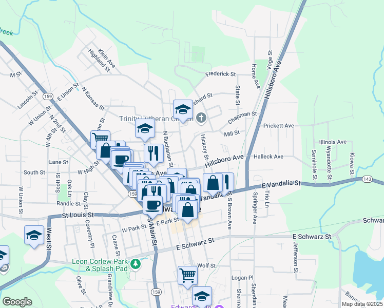 map of restaurants, bars, coffee shops, grocery stores, and more near 514 Chapman Street in Edwardsville