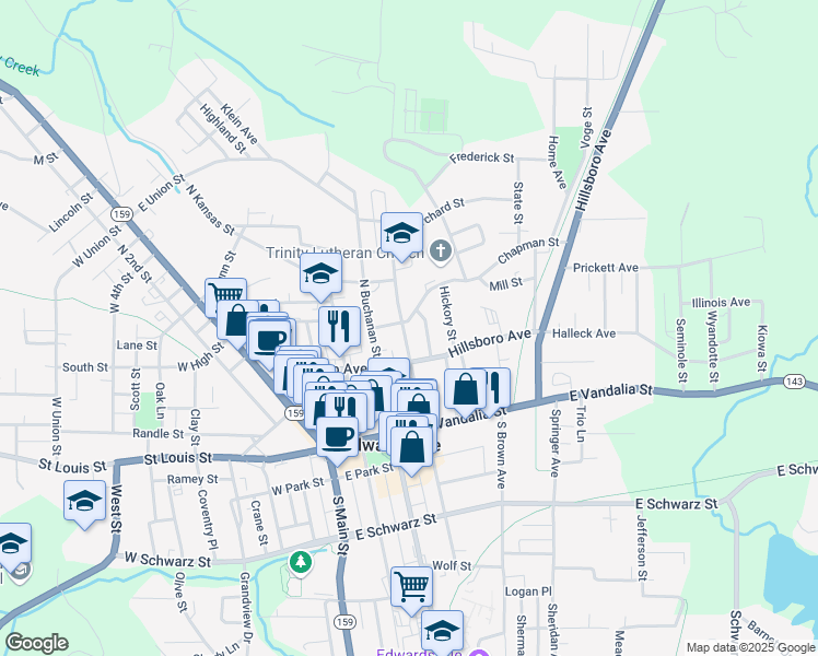 map of restaurants, bars, coffee shops, grocery stores, and more near 514 Chapman Street in Edwardsville