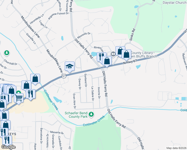 map of restaurants, bars, coffee shops, grocery stores, and more near 3975 Galaxie Drive in Florissant