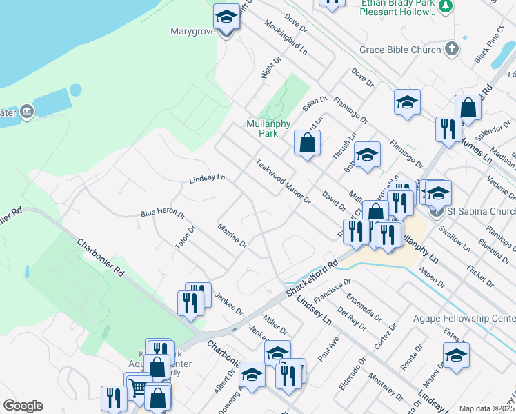 map of restaurants, bars, coffee shops, grocery stores, and more near 2265 Lindsay Lane in Florissant