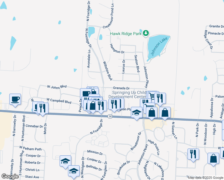 map of restaurants, bars, coffee shops, grocery stores, and more near 1204 Granada Drive in Raymore