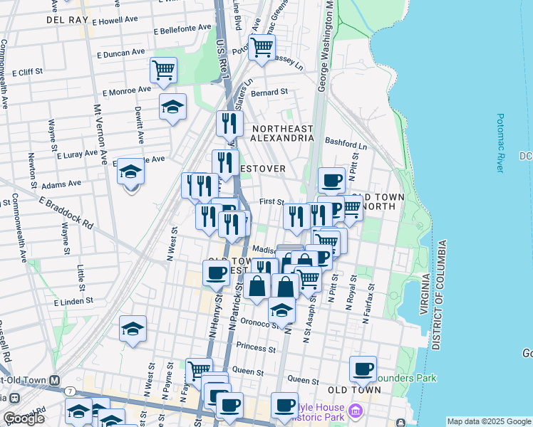 map of restaurants, bars, coffee shops, grocery stores, and more near 920 North Alfred Street in Alexandria