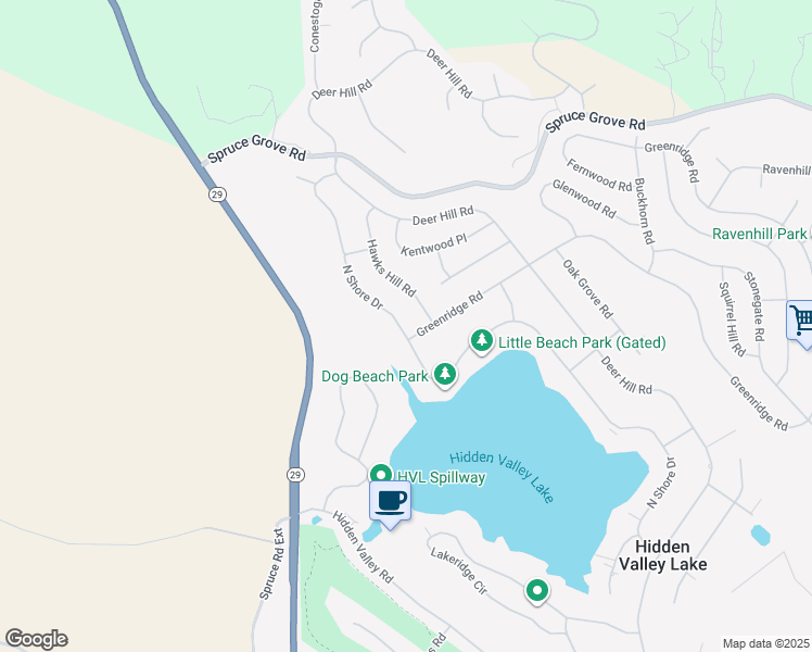 map of restaurants, bars, coffee shops, grocery stores, and more near 18294 North Shore Drive in Hidden Valley Lake