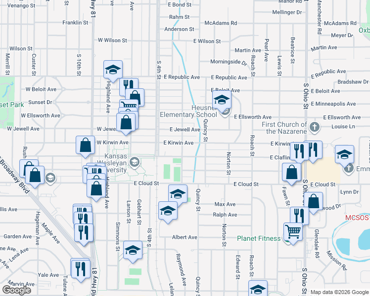 map of restaurants, bars, coffee shops, grocery stores, and more near 237 East Kirwin Avenue in Salina