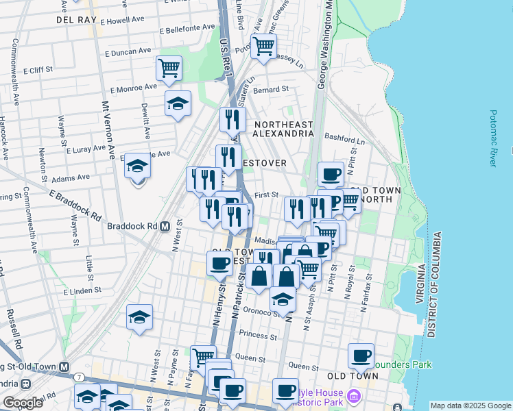 map of restaurants, bars, coffee shops, grocery stores, and more near 915 North Patrick Street in Alexandria