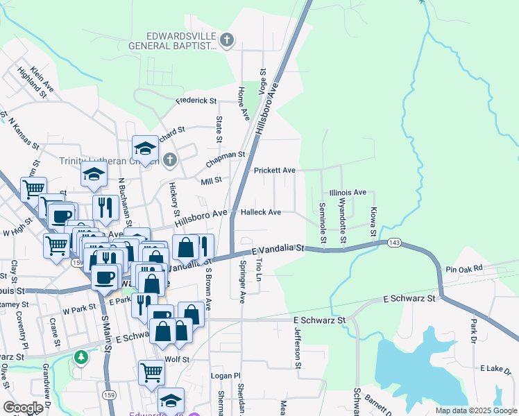 map of restaurants, bars, coffee shops, grocery stores, and more near 17 Halleck Avenue in Edwardsville