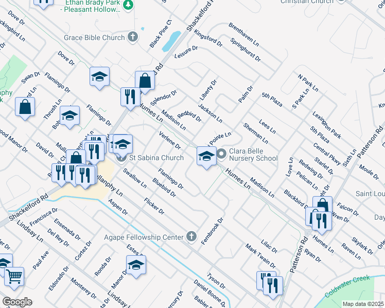 map of restaurants, bars, coffee shops, grocery stores, and more near 2025 North Pointe Lane in Florissant