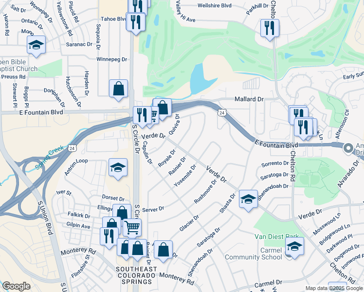map of restaurants, bars, coffee shops, grocery stores, and more near 1144 Royale Drive in Colorado Springs