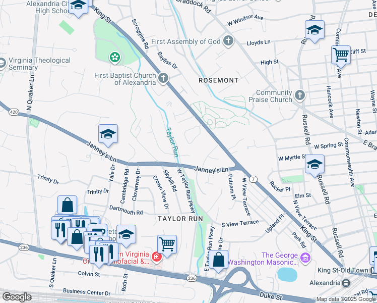 map of restaurants, bars, coffee shops, grocery stores, and more near 2707 Bryan Place in Alexandria
