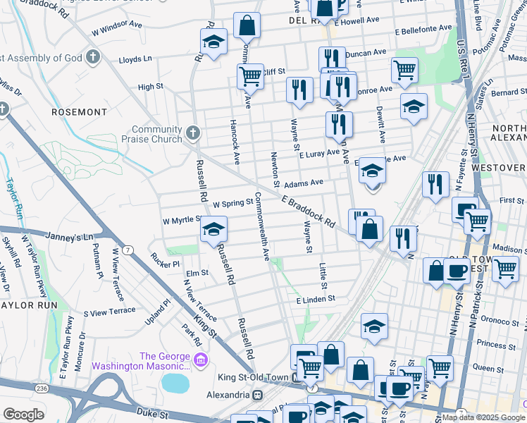 map of restaurants, bars, coffee shops, grocery stores, and more near 901 Commonwealth Avenue in Alexandria