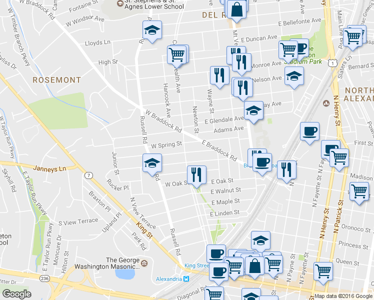 map of restaurants, bars, coffee shops, grocery stores, and more near 901 Commonwealth Avenue in Alexandria