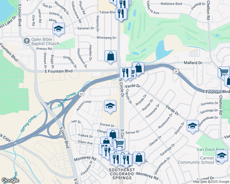 map of restaurants, bars, coffee shops, grocery stores, and more near 1104 South Circle Drive in Colorado Springs