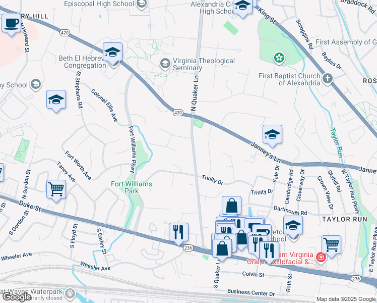 map of restaurants, bars, coffee shops, grocery stores, and more near 520 North Quaker Lane in Alexandria