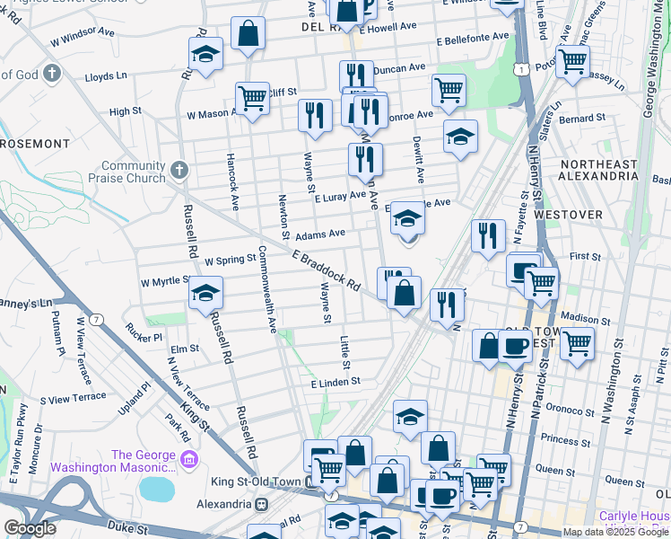 map of restaurants, bars, coffee shops, grocery stores, and more near 106 East Braddock Road in Alexandria