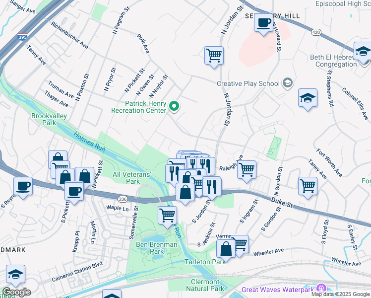 map of restaurants, bars, coffee shops, grocery stores, and more near 4600 Strathblane Place in Alexandria