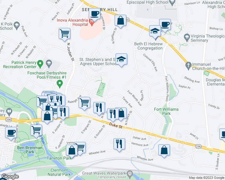 map of restaurants, bars, coffee shops, grocery stores, and more near 4128 Tulsa Place in Alexandria