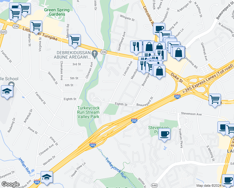map of restaurants, bars, coffee shops, grocery stores, and more near 5005 Lincoln Avenue in Alexandria
