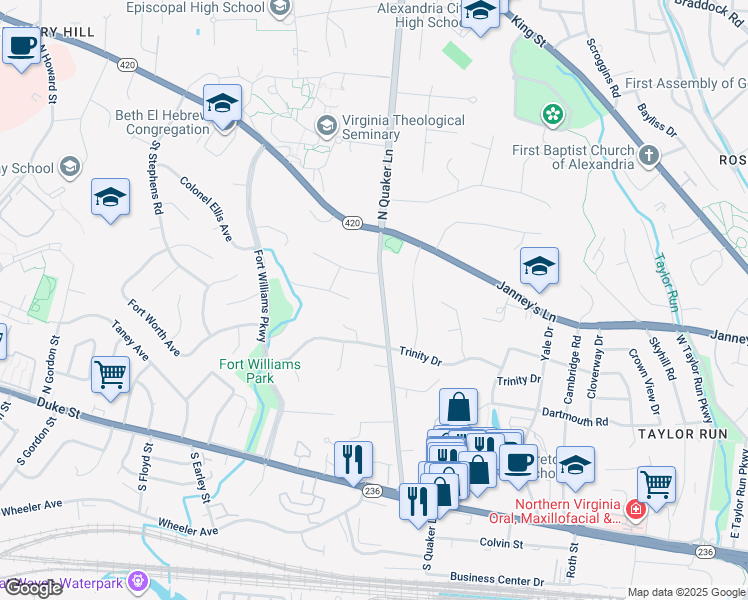 map of restaurants, bars, coffee shops, grocery stores, and more near 520 North Quaker Lane in Alexandria