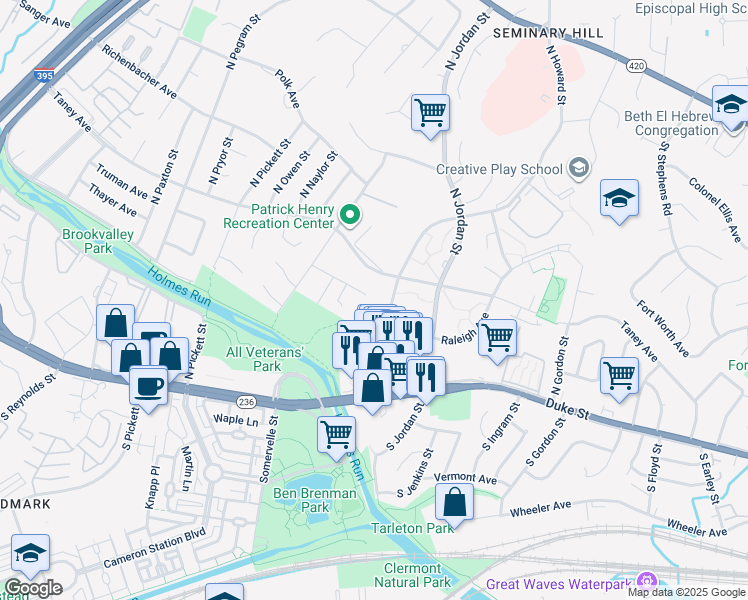 map of restaurants, bars, coffee shops, grocery stores, and more near 4600 Strathblane Place in Alexandria