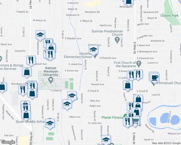 map of restaurants, bars, coffee shops, grocery stores, and more near 414 East Kirwin Avenue in Salina