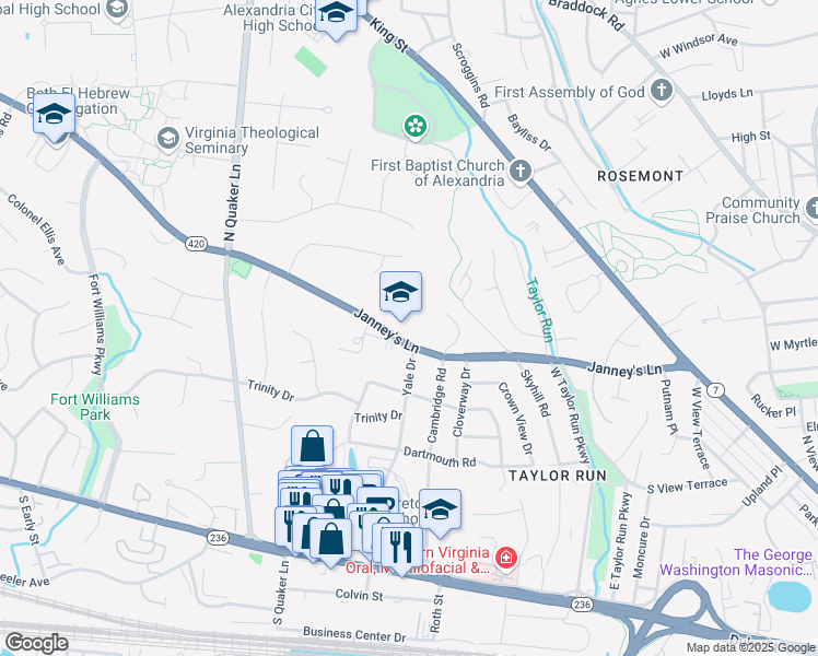 map of restaurants, bars, coffee shops, grocery stores, and more near 1101 Janneys Lane in Alexandria