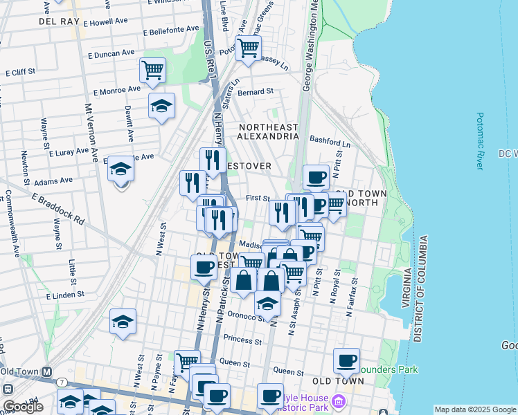 map of restaurants, bars, coffee shops, grocery stores, and more near 927 North Alfred Street in Alexandria