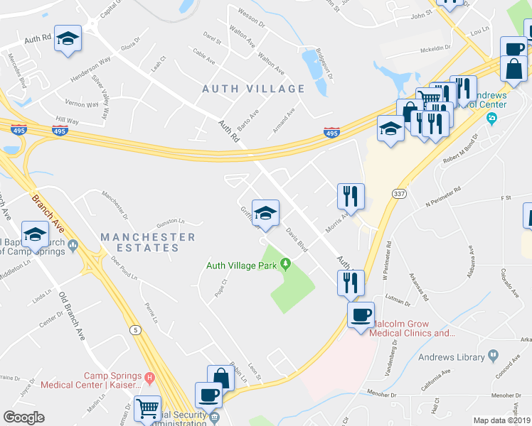 map of restaurants, bars, coffee shops, grocery stores, and more near 6119 Davis Boulevard in Camp Springs