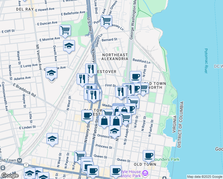 map of restaurants, bars, coffee shops, grocery stores, and more near 927 North Alfred Street in Alexandria