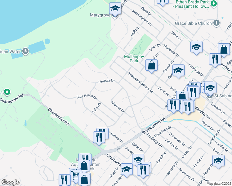 map of restaurants, bars, coffee shops, grocery stores, and more near 912 Marrisa Drive in Florissant