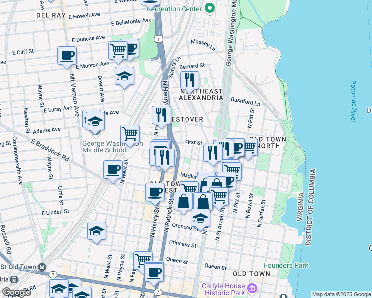 map of restaurants, bars, coffee shops, grocery stores, and more near 925 Parker Gray School Way in Alexandria