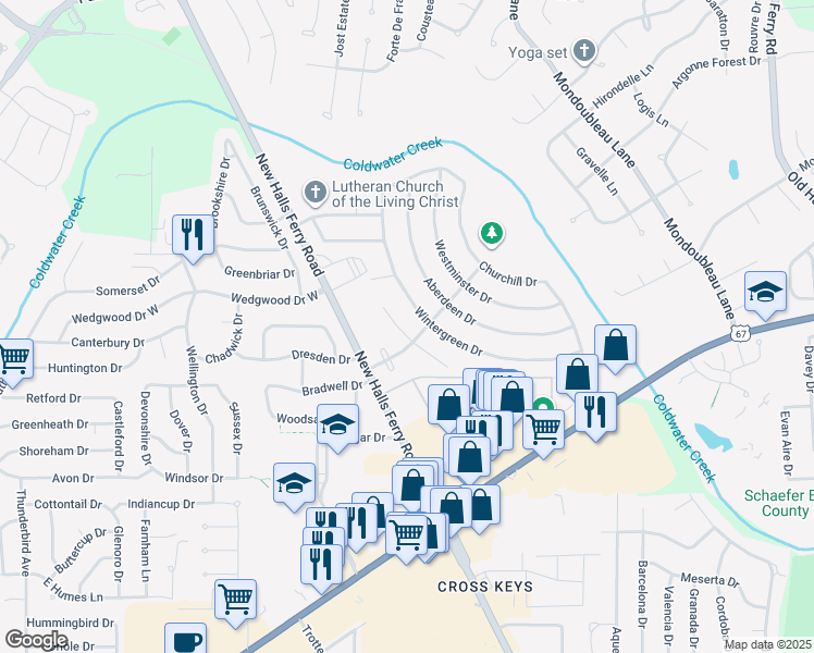 map of restaurants, bars, coffee shops, grocery stores, and more near 2 Edinburg Court in Florissant