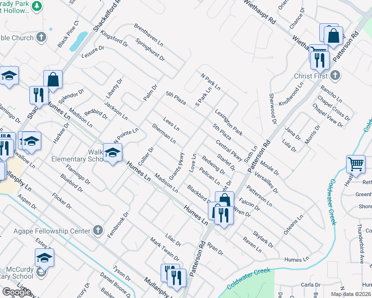 map of restaurants, bars, coffee shops, grocery stores, and more near 2340 Grants Parkway in Florissant