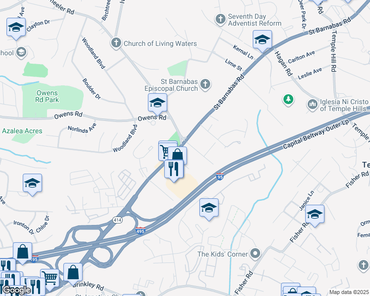 map of restaurants, bars, coffee shops, grocery stores, and more near 5402 Saint Barnabas Road in Oxon Hill