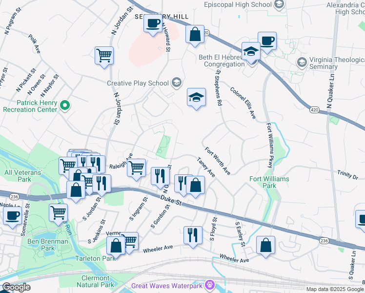 map of restaurants, bars, coffee shops, grocery stores, and more near 4128 Tulsa Place in Alexandria