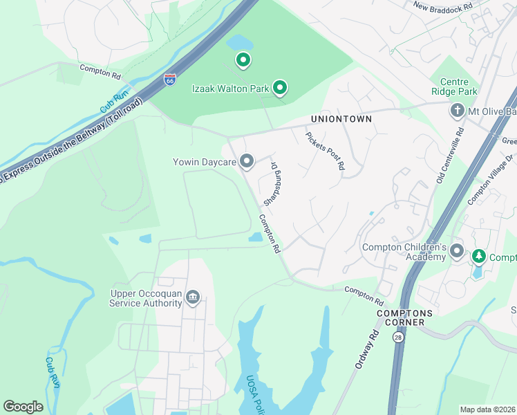 map of restaurants, bars, coffee shops, grocery stores, and more near Compton Road in Centreville