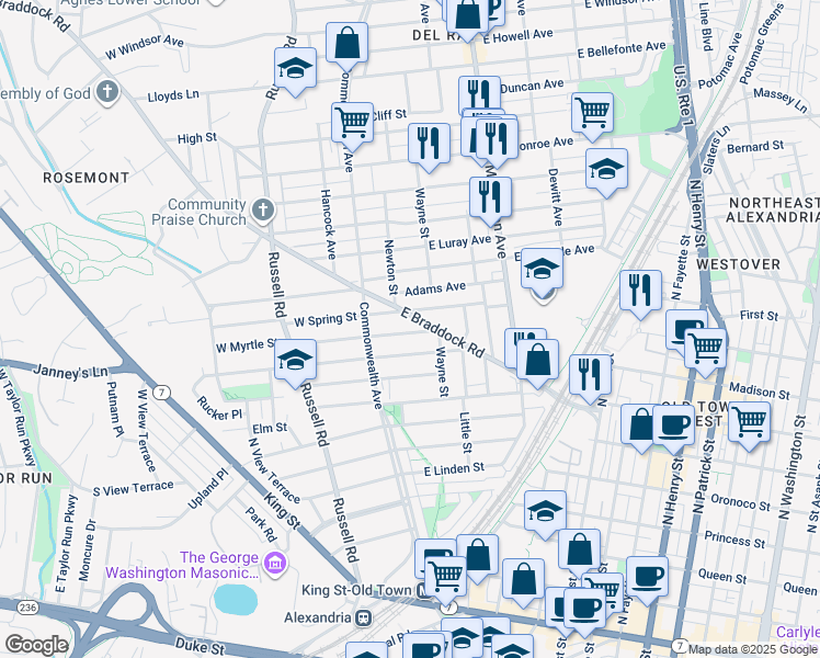 map of restaurants, bars, coffee shops, grocery stores, and more near 22 East Myrtle Street in Alexandria