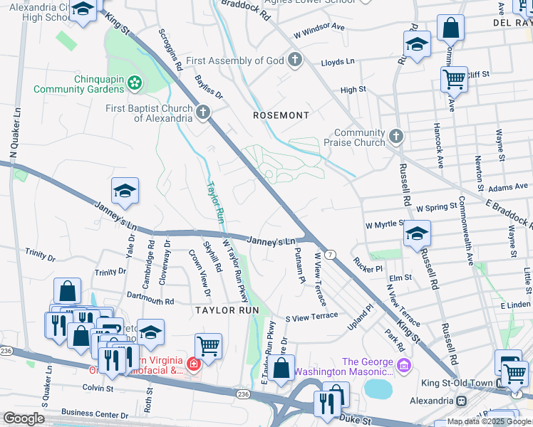 map of restaurants, bars, coffee shops, grocery stores, and more near 614 Melrose Street in Alexandria