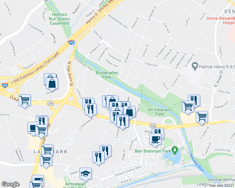 map of restaurants, bars, coffee shops, grocery stores, and more near 5300 Holmes Run Parkway in Alexandria