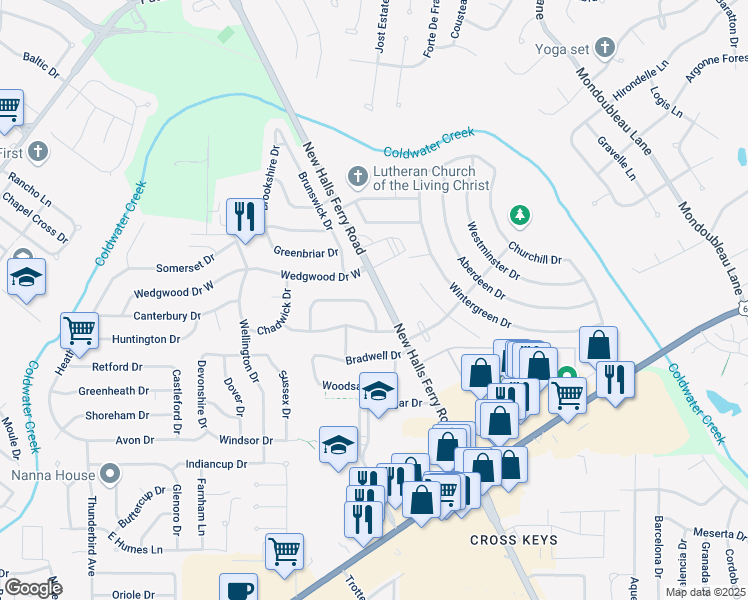 map of restaurants, bars, coffee shops, grocery stores, and more near 14615 New Halls Ferry Road in Florissant