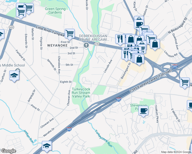 map of restaurants, bars, coffee shops, grocery stores, and more near 6305 7th Street in Alexandria