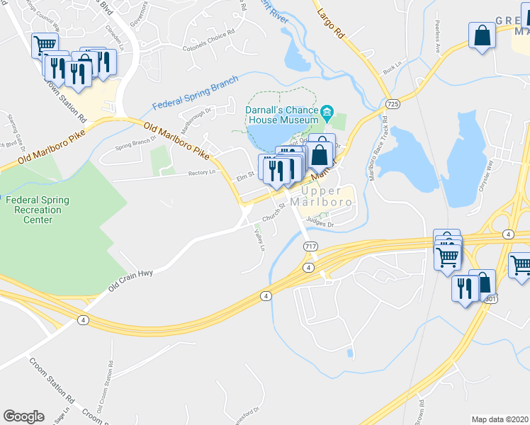 map of restaurants, bars, coffee shops, grocery stores, and more near 14518 Church Street in Upper Marlboro