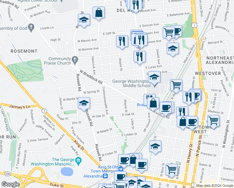 map of restaurants, bars, coffee shops, grocery stores, and more near 22 East Myrtle Street in Alexandria
