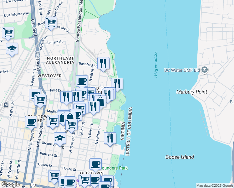 map of restaurants, bars, coffee shops, grocery stores, and more near 99 Canal Center Plaza in Alexandria
